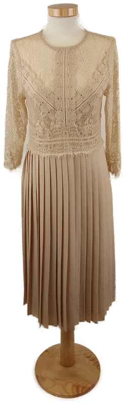 ZARA Damen Plissee Midikleid mit Spitze, Nude, Gr. M - Bild 1