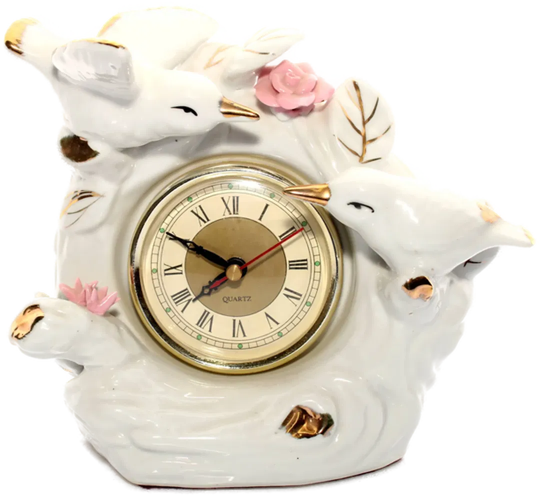 Porzellan Uhr mit Vögeln und Rosen – Weiß/Gold – Vintage Tischuhr – Quartz - Bild 1