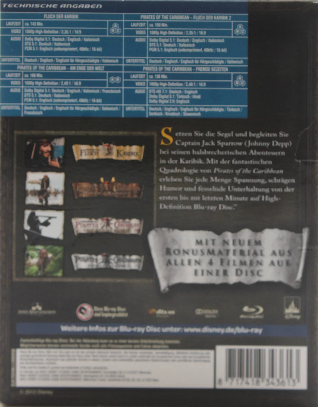 Blu Ray Box Pirates of the Caribbean – Die Piraten Quadrologie | 5 Discs | Disney – Bild 2
