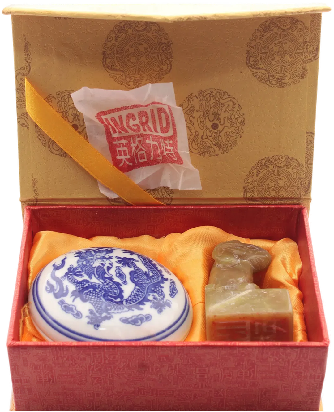 Chinesisches Siegel Set „INGRID“ – Stein Stempel + Stempelkissen im Geschenketui - Bild 2