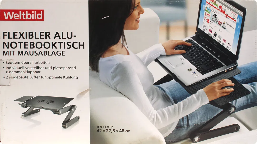 Weltbild — Flexibler Alu-Notebooktisch mit Mausablage & 2 Lüftern, höhen-/winkelverstellbar (BxH×T 42×27,5×48 cm) - Bild 1
