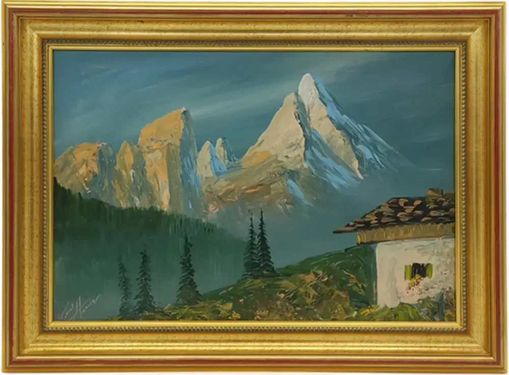 Ölgemälde mit Natur- und Berglandschaft in goldenem Rahmen - Bild 4