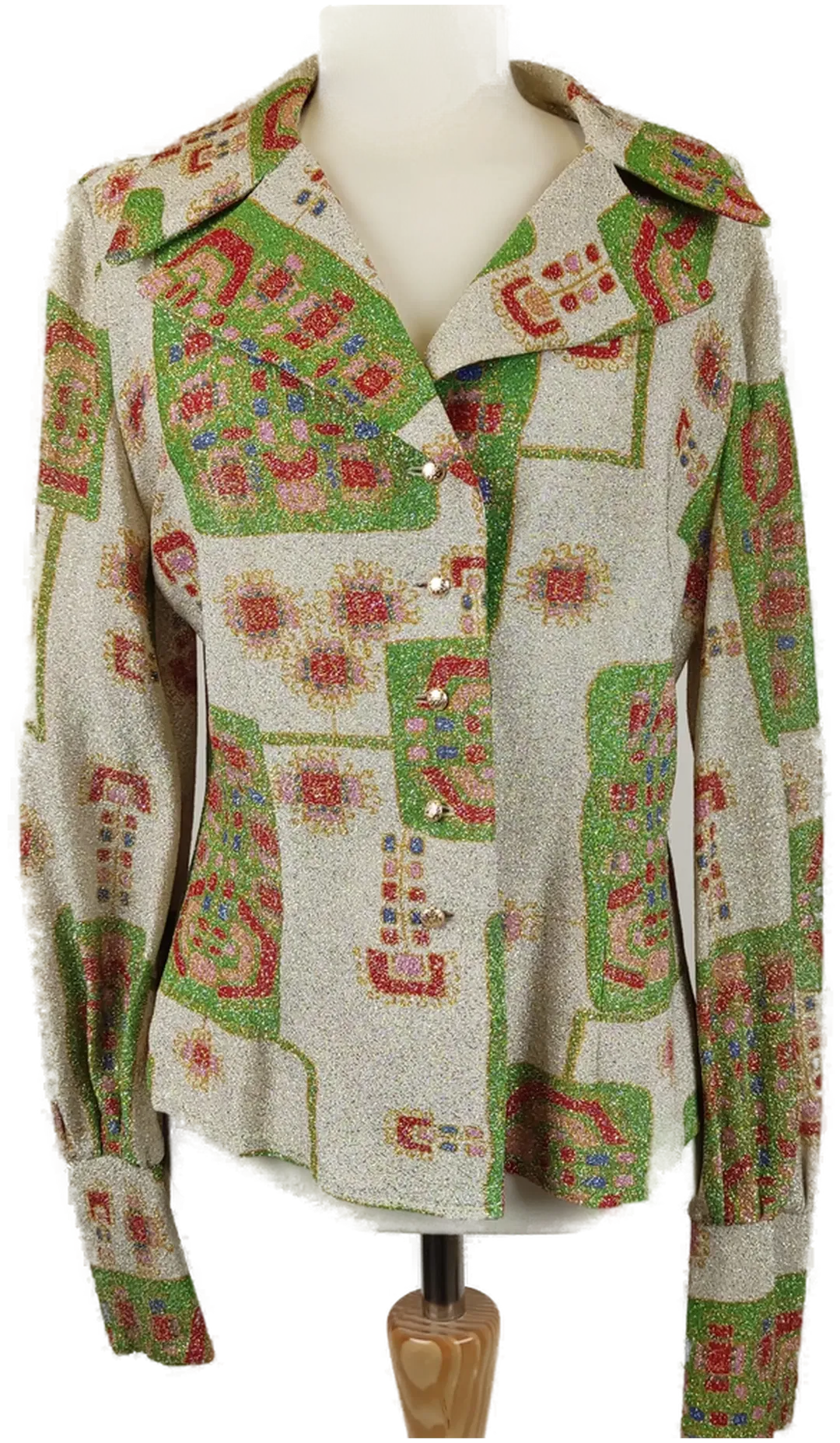 Vintage Damenbluse mit Reverskragen und breiten Manschetten gemustert - M/38 - Bild 1