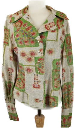Vintage Damenbluse mit Reverskragen und breiten Manschetten gemustert - M/38 - Bild 1