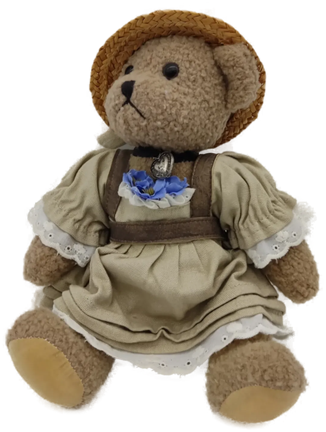 Teddy Bär mit Kleid und Strohhut Vintage - Bild 1