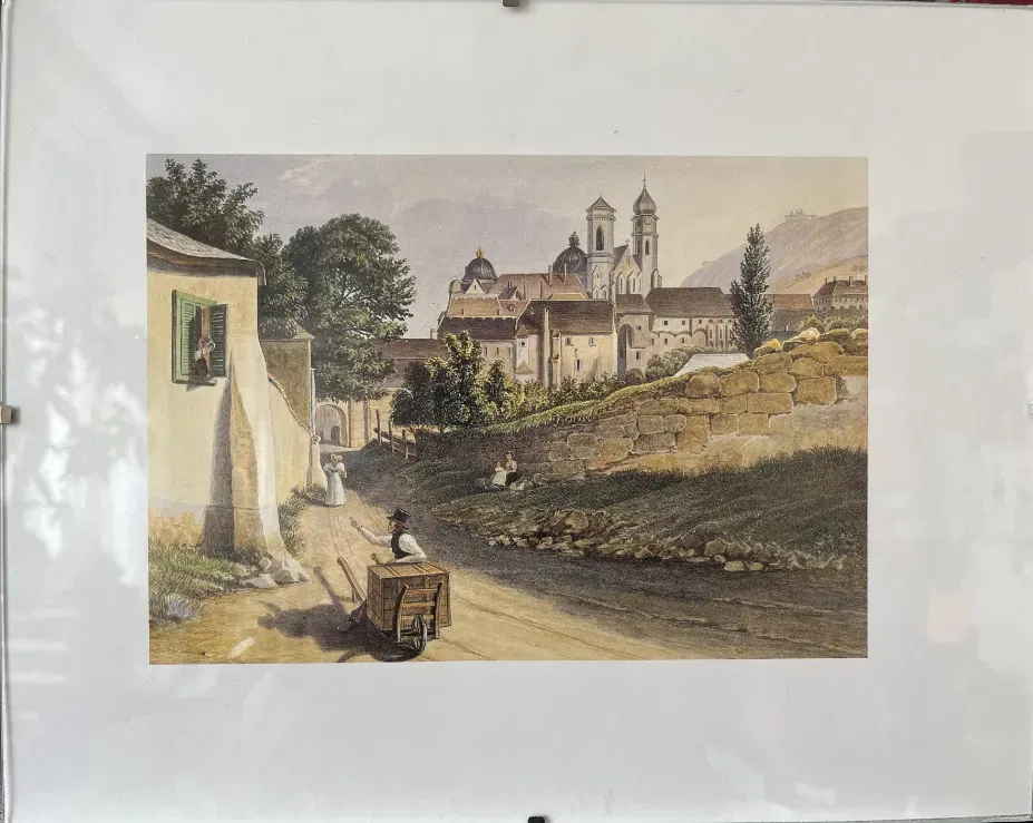 Kunstdruck von einem Aquarell v. 1834 - GUSTAV REINHOLD (1798-1849) Blick auf Klosterneuburg mit Glasbilderrahmen - Bild 1