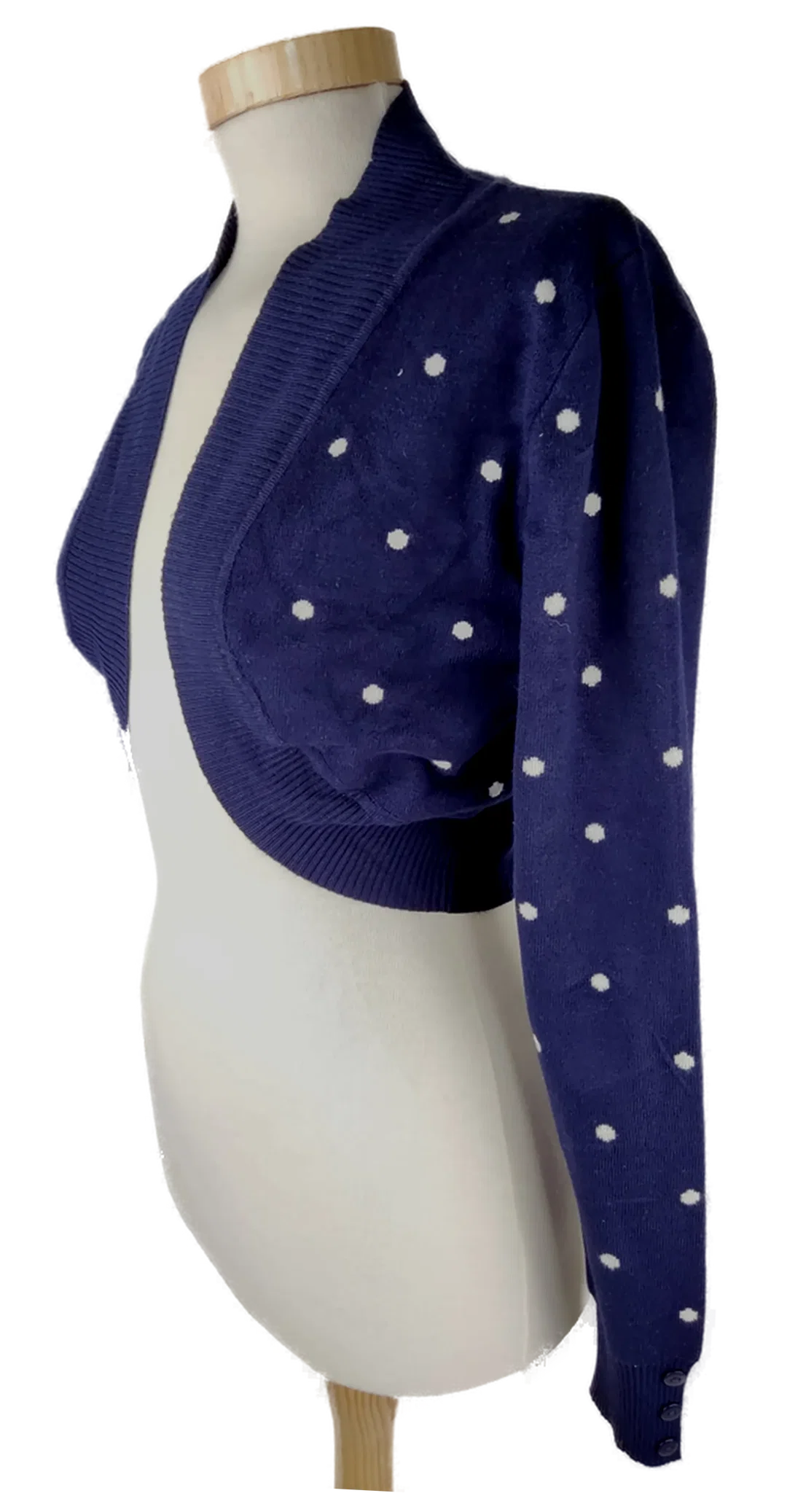Bolero "Collectif Vintage - London", langarm mit Strickrand, dunkelblau mit weißen Punkten, Größe XS/S – Bild 4