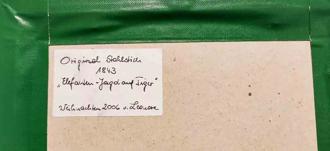 Original Stahlstich 1843 „Elefanten-Jagd auf Tiger“ im Rahmen 27x21 cm – Bild 2