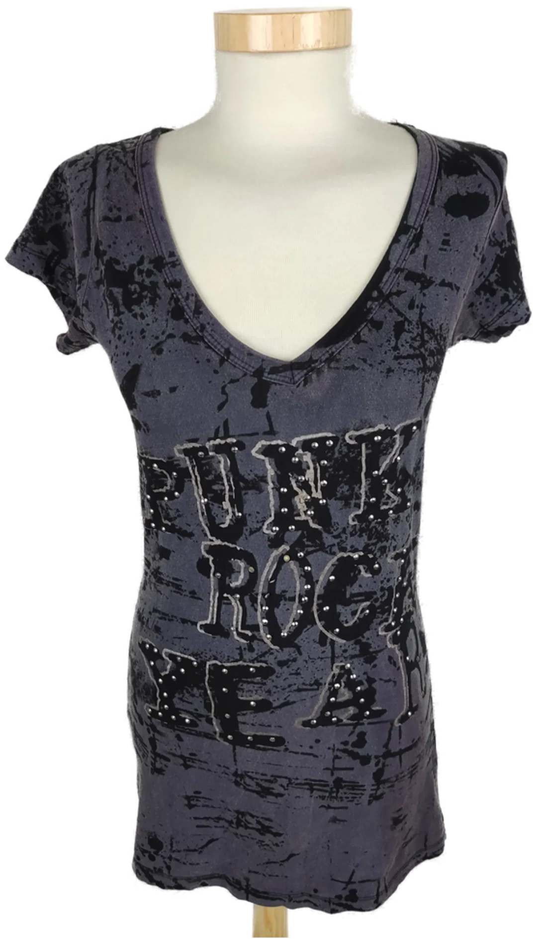 T-Shirt, "Telly Weijl", kurzarm mit V-Ausschnitt, schwarz/grau mit Aufdruck, Größe M – Bild 1