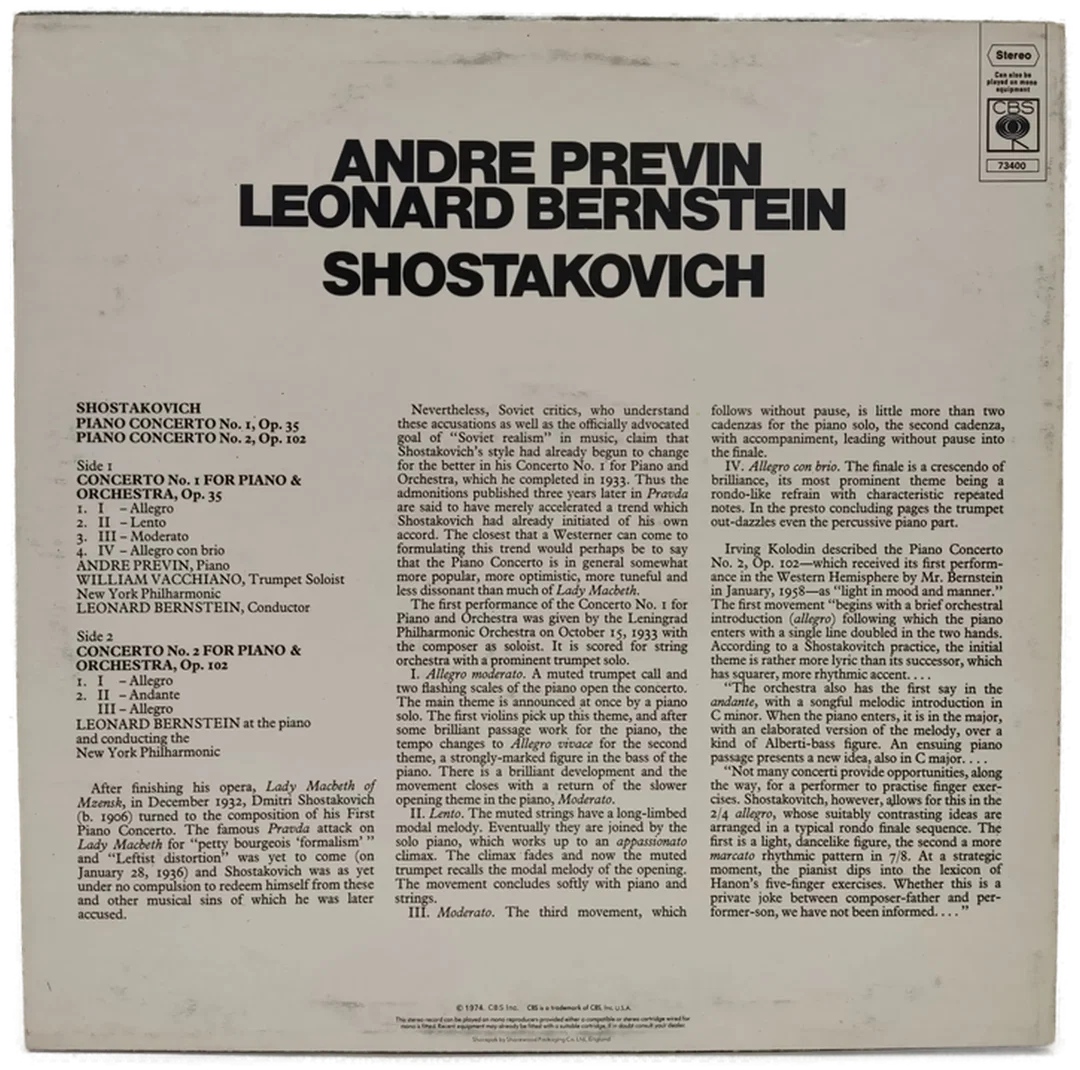Vinyl LP - Previn, Bernstein, Shostakovich - Piano Concerto No. 1 op. 35 / Piano Concerto No. 2 op. 102 – Bild 2