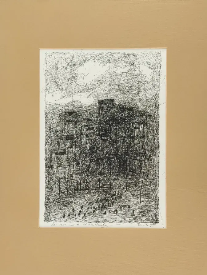 Franz Hametner - Die Stadt mit den dunklen Fenstern, Feder/Tusche Zeichnung - Bild 1
