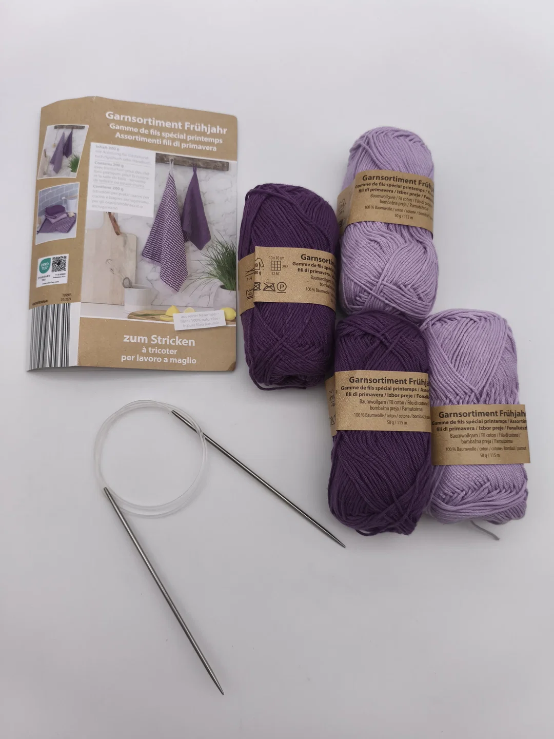 Strickset, 4x Baumwollgarn + Rundstricknadel, NEU – Bild 1