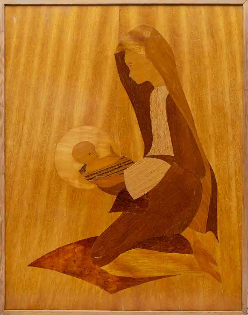 Vintage Intarsien Holzbild Madonna mit Kind, gerahmt, 45,5 × 58 cm - Bild 4