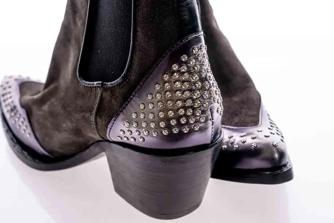 MJUS Damen Stiefeletten/Absatzstiefelette Rauleder mit Nieten Gr. 41 grau/braun  – Bild 3