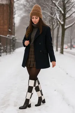 MONKI Damen Stiefel Größe 40 – Schwarz/Weiß Check Muster – PETA Vegan – Absatz 6,5 cm - Bild 1