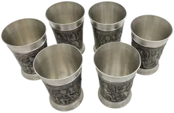 Zinnbecher Set 6-teilig von BMF (Bayerische Metallwarenfabrik) - Mittelalterliches Reliefmotiv - Reinzinn, inkl. Zinnkanne mit Deckel - Bild 3