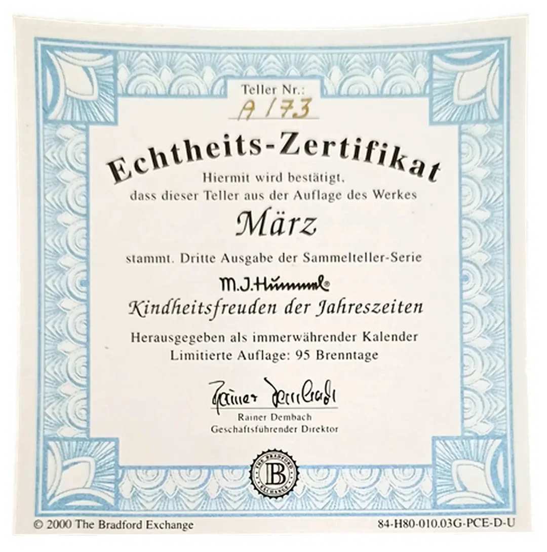 Sammelteller „Kindheitsfreuden der Jahreszeiten“ von M.I. Hummel - März (Teller A 173) – Bild 3