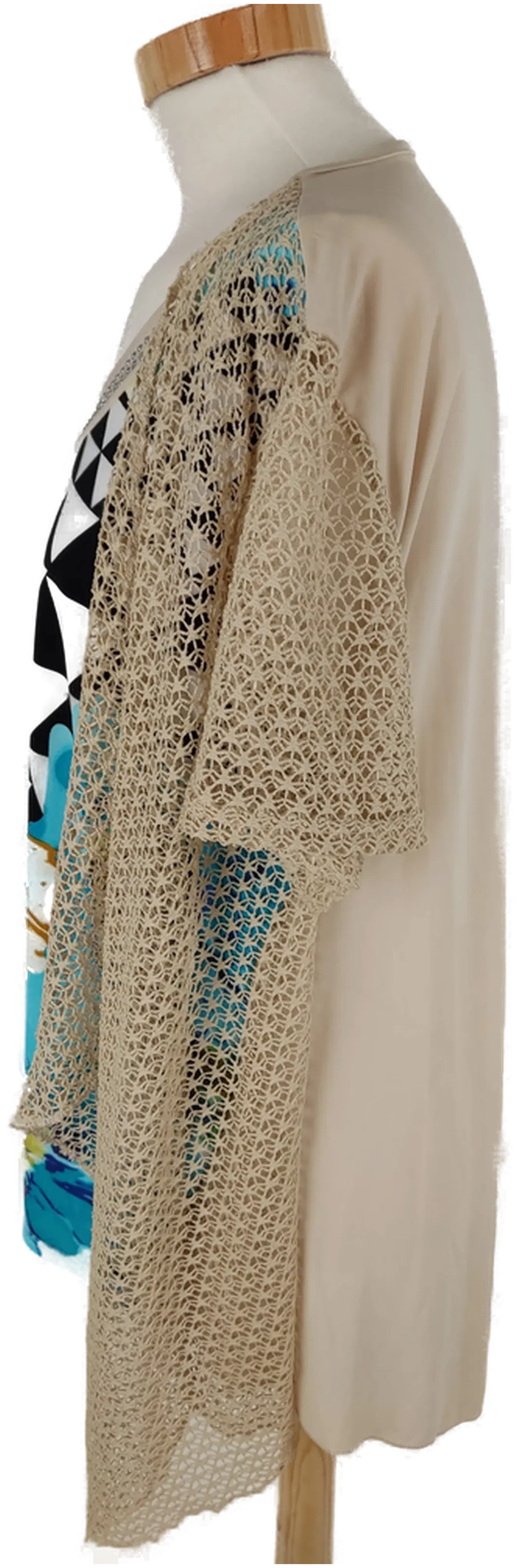 Longshirt "Dives pronto Moda", kurzarm mit Rundhalsausschnitt, beige/bunt mit Strickteil, Größe 44 (geschätzt) – Bild 2