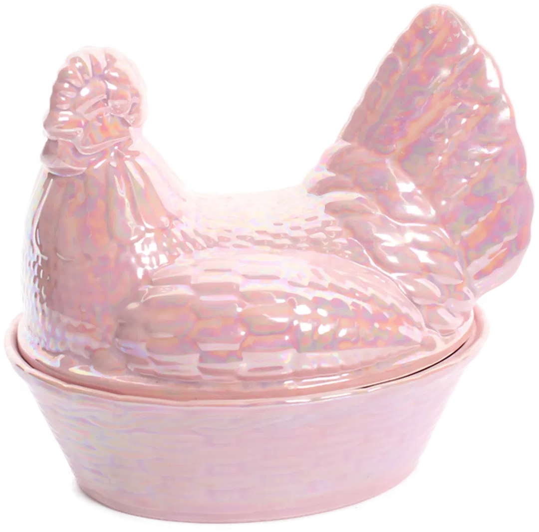 Keramik Huhn-Dose in Perlmutt-Rosa von Krömer – Vintage Deko & Aufbewahrung - Bild 1