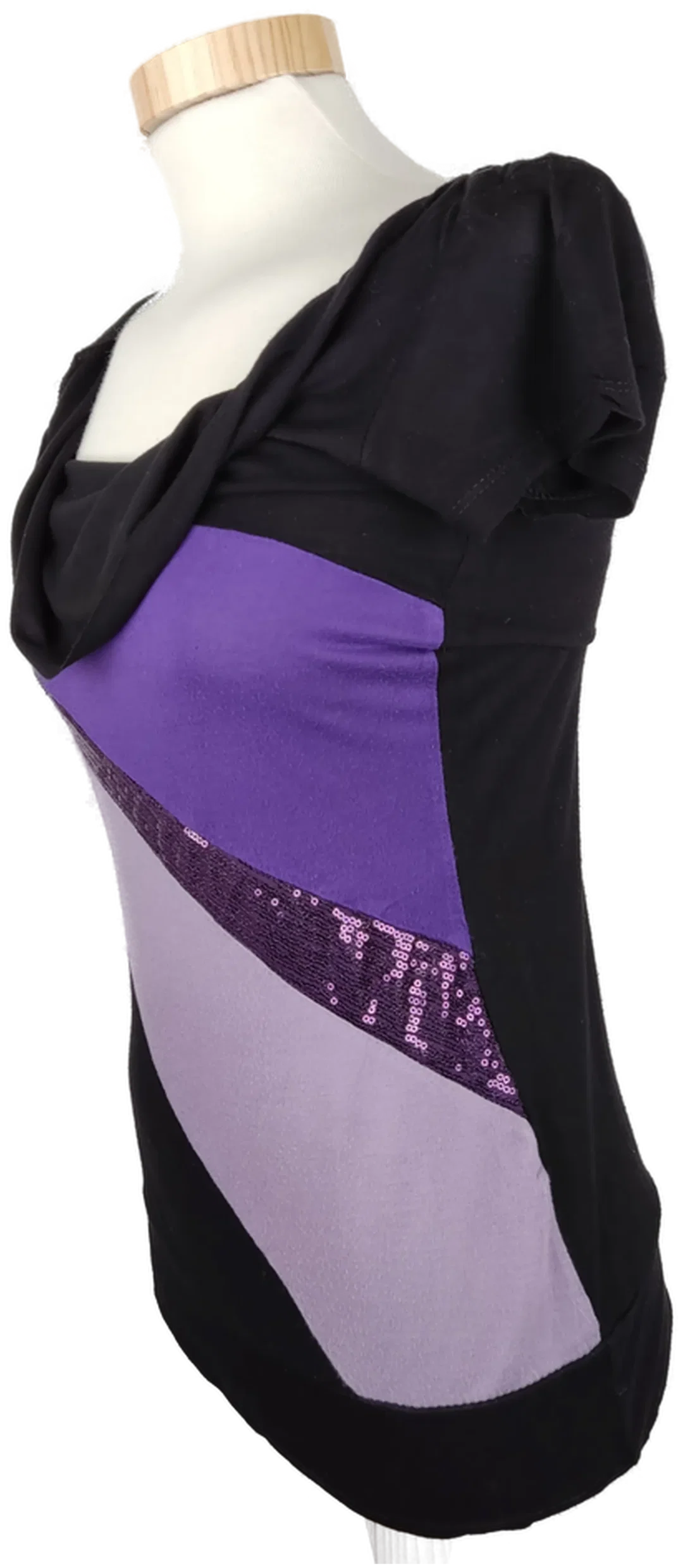 T-Shirt "Amisu", kurzarm mit Wasserfallausschnitt, schwarz/lila mit Pailletten, Größe XS – Bild 2