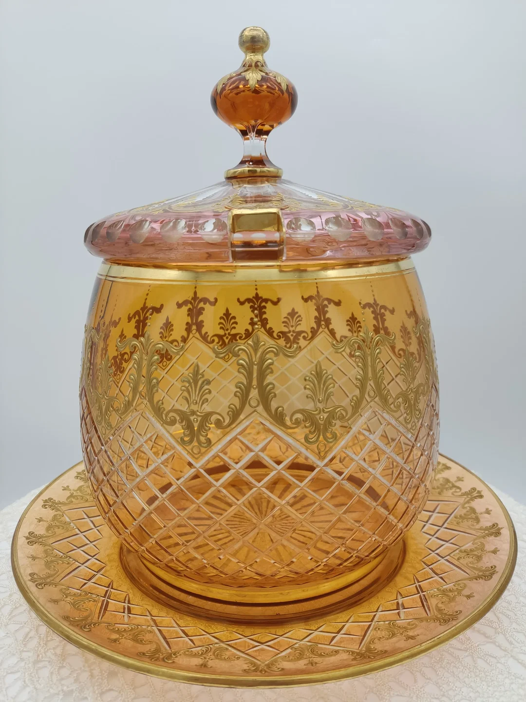 Glas Bowle-Gefäß mit Unterteller mit Golddekor | Festlicher Blickfang - Bild 1