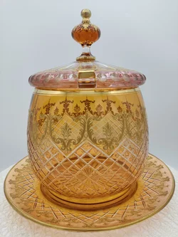 Glas Bowle-Gefäß mit Unterteller mit Golddekor | Festlicher Blickfang - Bild 1