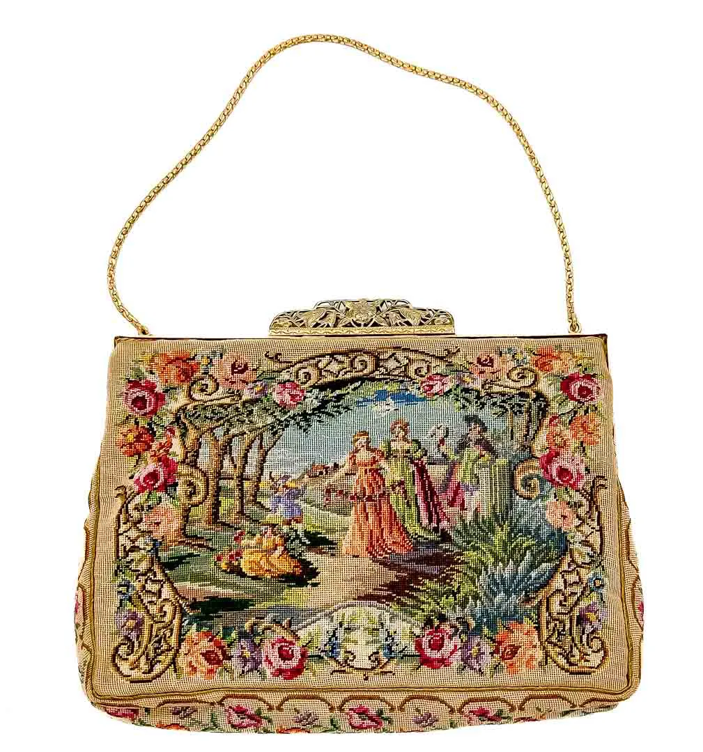 Petit Point Täschchen / Handtasche mit Seidenfutter, kleiner Spiegel, Seidenbrief mit Kette - Bild 4