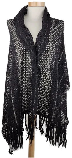 Stola gestrickt, schwarz/silber mit Fransen - Bild 1