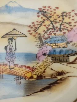 Japanische Teetasse mit Untertasse 4er-Set Porzellan Landschaftmotiv | Asiatische 'Kutani' Stil – Vorschau 13