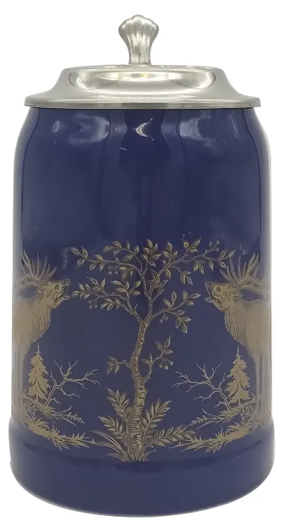 Jagdkrug/Bierkrug aus Porzellan mit Deckel in blau-gold, Höhe 17cm – Bild 4