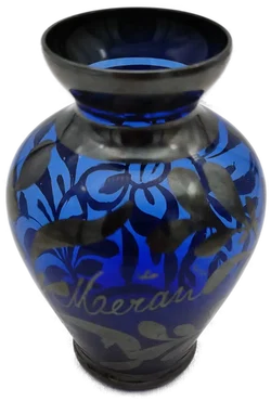 Venezianische Murano-Glaskunst-Vase, kobaltblau mit floraler Silberauflage und Schriftzug Meran, mundgeblasen, Höhe 11cm – Vorschau 2