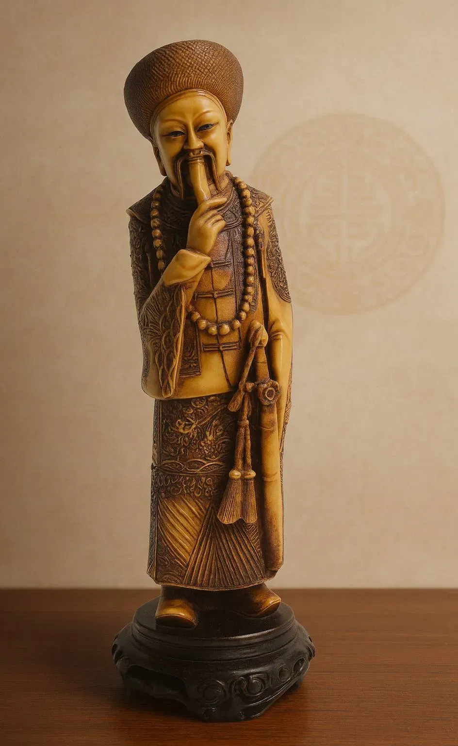 Chinesische Gelehrten-/Mandarinsfigur auf Holzsockel, feine Reliefarbeit, Kunstharz in Elfenbeinoptik, ca. 35 cm - Bild 1