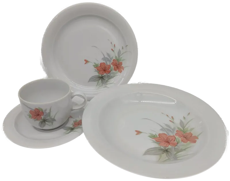 Speiseservice "Kahla", unvollständig, weiß mit orange/grün/grauen Blüten, Größe: 27 tl.g.  – Bild 5