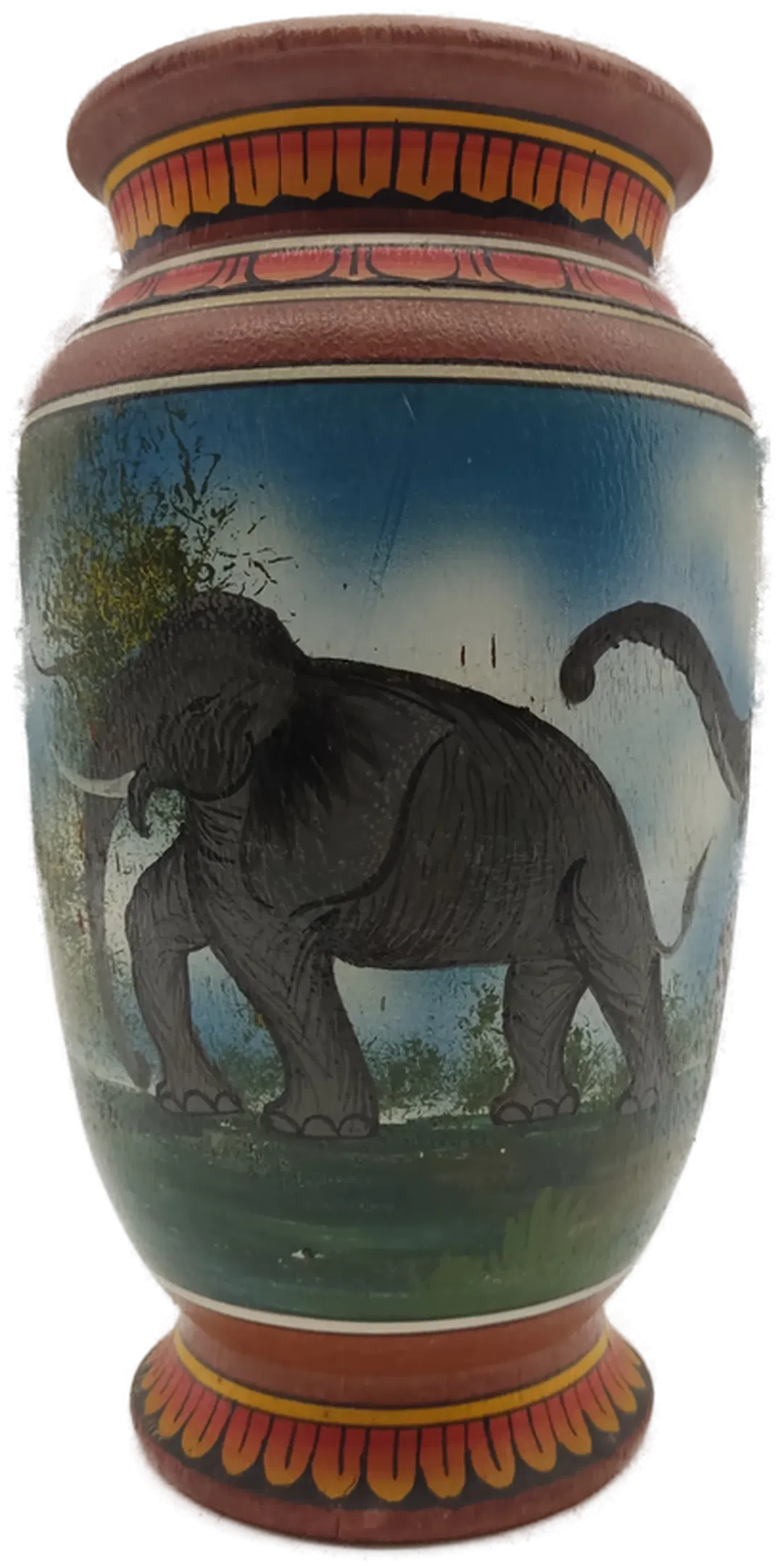 Dekorative Vase aus Terrakotta oder Ton, die im Stil eines Kunsthandwerks bemalt ist.  - Bild 1