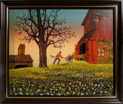 H. Hargrove: Scheune mit Karren – Gemälde auf Leinwand, Druck, signiert im Rahmen ca. 70 × 60 cm - Bild 1