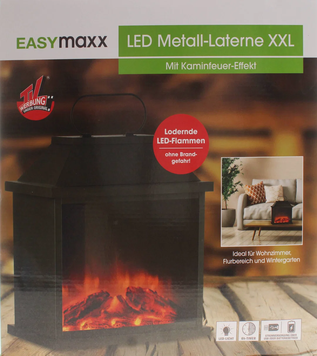 EASYmaxx LED-Kamin / LED Metall-Laterne XXL – Kaminfeuer-Effekt – Schwarz – ca. 31,5 cm – Bild 4