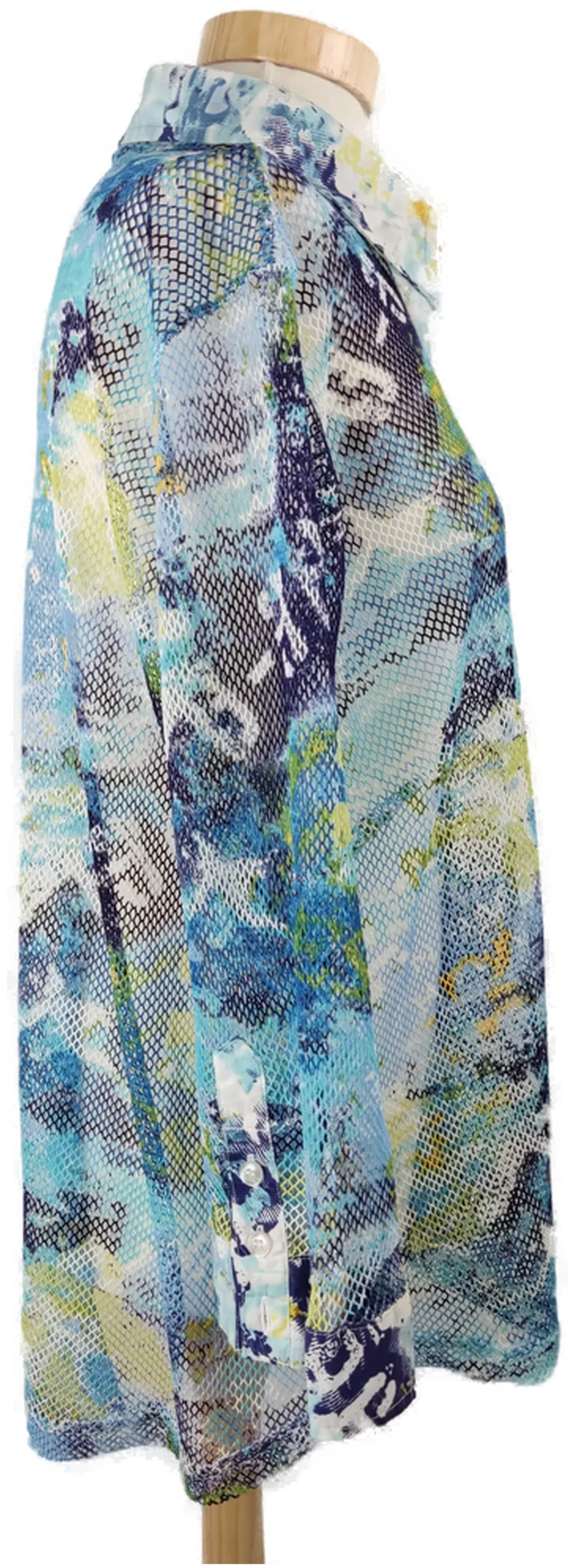 Bluse "Biaggini", dreiviertelarm mit Kragen, blau/türkis/weiß/gelb gemustert, Größe 50 – Bild 2