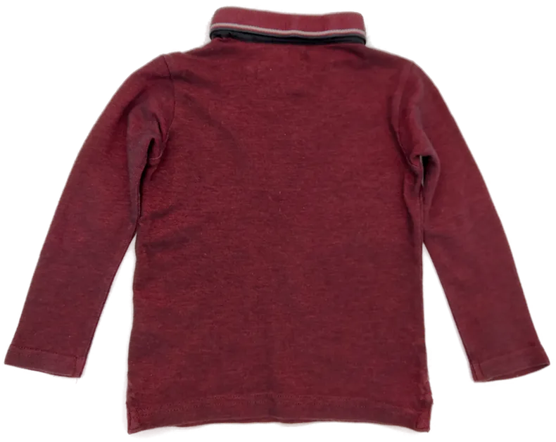 Poloshirt "Tough Team ", langarm mit Kragen, weinrot/meliert mit Knopfleiste und Stickerei, Größe 98 – Bild 2