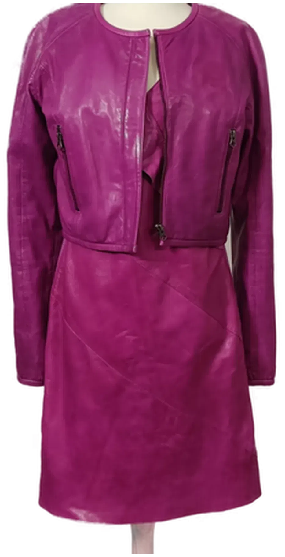 Cigno Nero Damen Zweiteiler Kleid mit Jacke aus Leder in pink Gr.36 - Bild 3