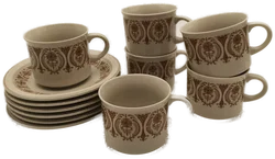 Set: 6 Kaffeetassen mit Untertassen, Vintage, Steingut, Retro 70er/80er