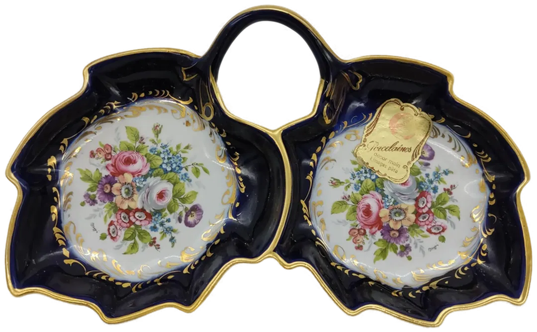 Limoges Doppel-Schale mit Blumenmuster und Goldrand Breite ca 24cm - Bild 1