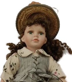 Vintage Porzellanpuppe mit Stoffkörper ca 38cm Sitzende Haltung - Bild 6