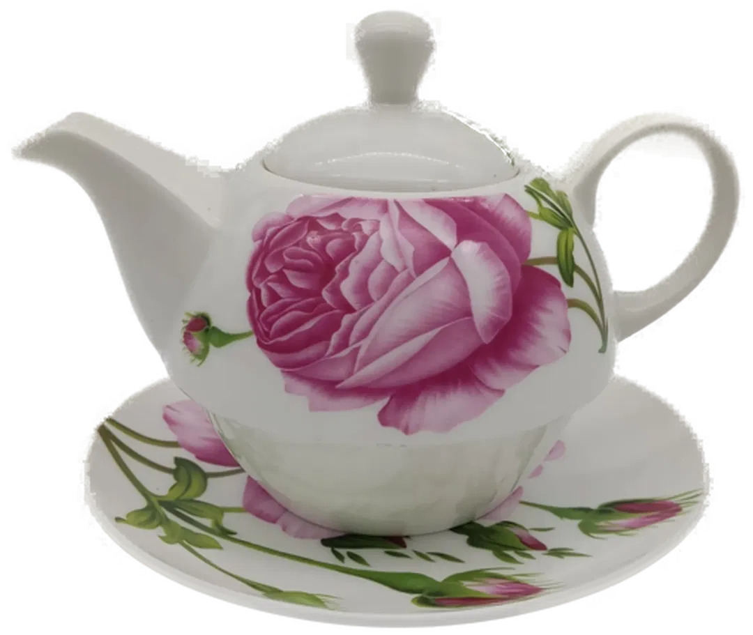 Teekanne Porzellan mit Untersetzer Rosenblütendekor - Bild 1