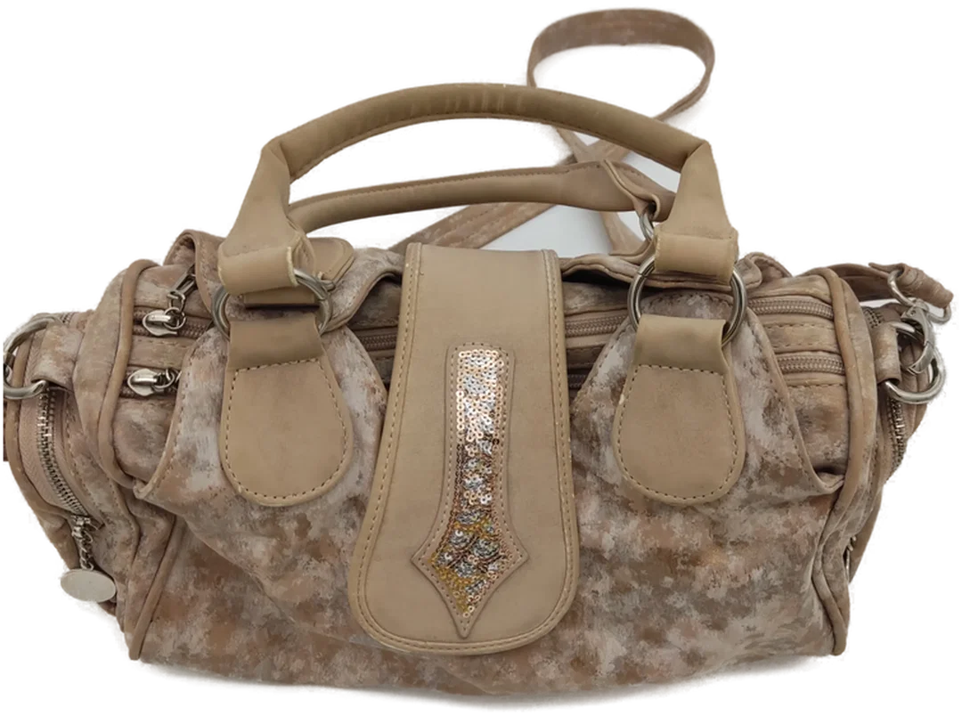 Tasche "Riecker", beige/hellbraun gemustert, mit Außentaschen, Griffen und Riemen, Größe ca. 38 x 19 x 16 cm – Bild 1