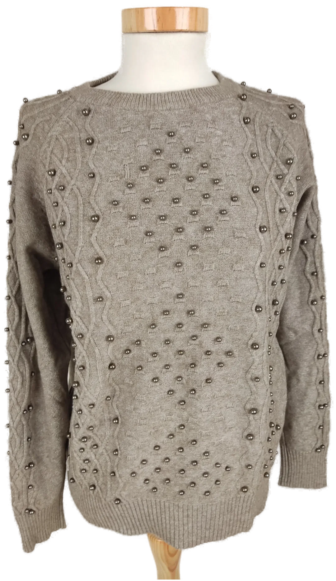 Pullover langarm mit Rundhalsausschnitt, braun mit Perlen, Größe 38 (geschätzt) - Bild 1