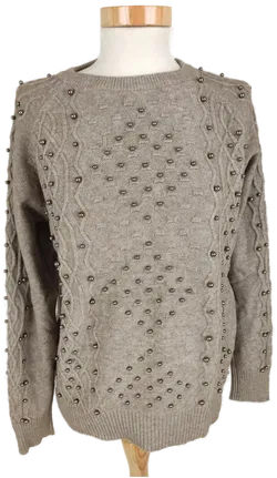 Pullover langarm mit Rundhalsausschnitt, braun mit Perlen, Größe 38 (geschätzt) - Bild 1