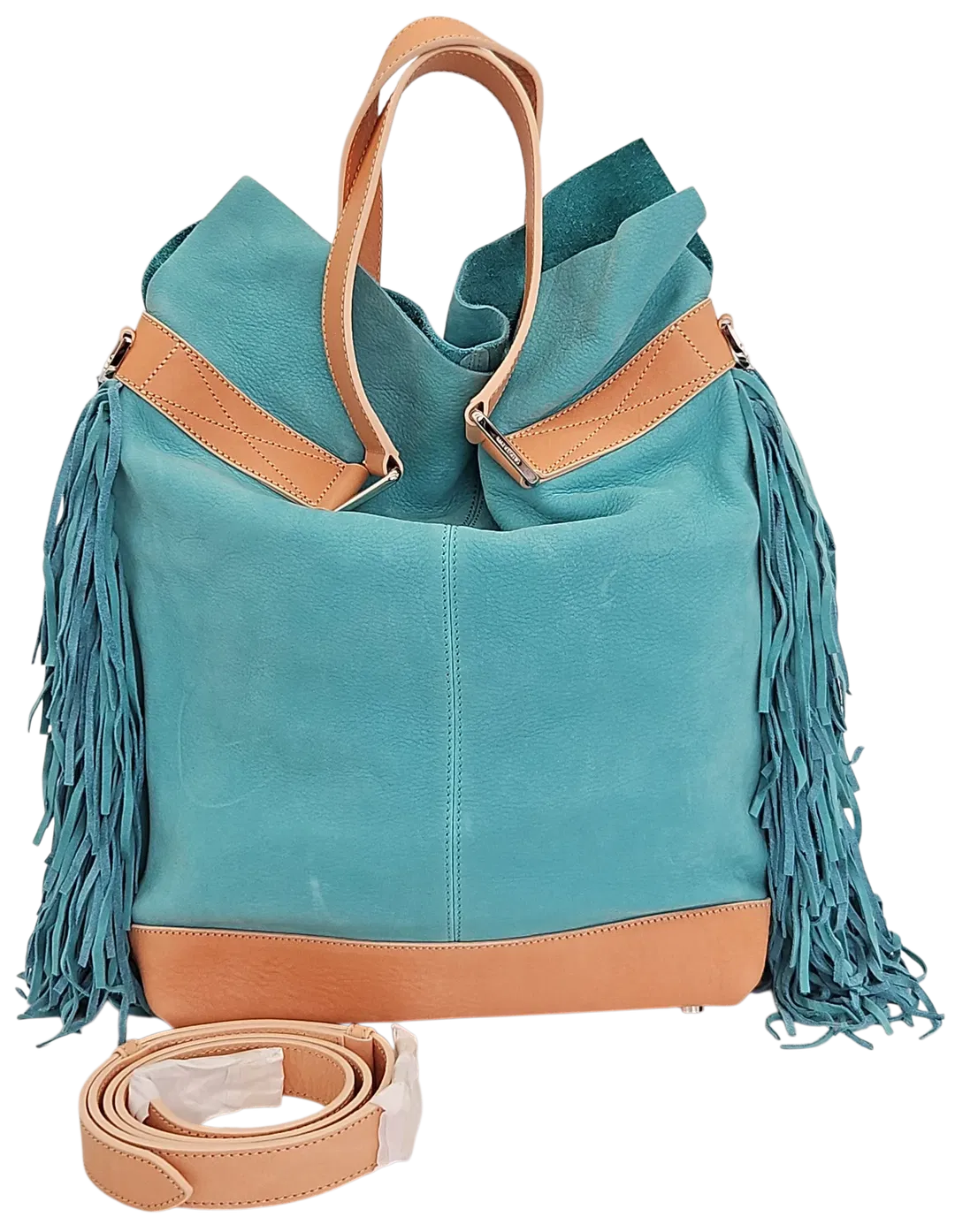 Max V. Koenig Damen Lederhandtasche mit Fransen, türkis/beige - Höhe ca. 37 cm  - Bild 1