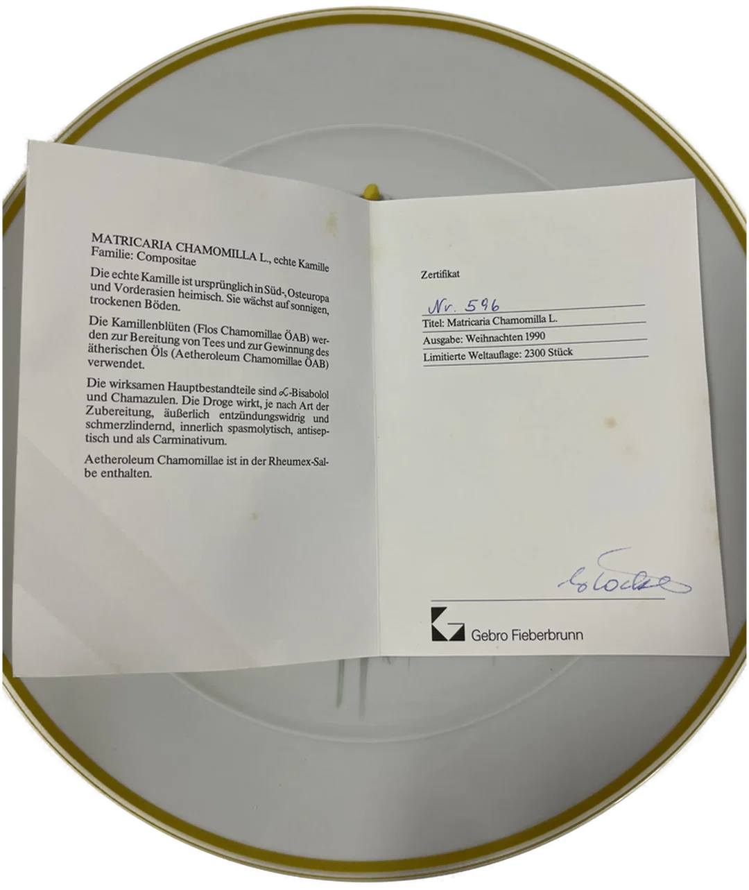 SUISSE LANGENTHAL Sammelteller Nr. 596 Weihnachten 1990 Matricaria Chamomilla mit Zertifikat – Bild 2