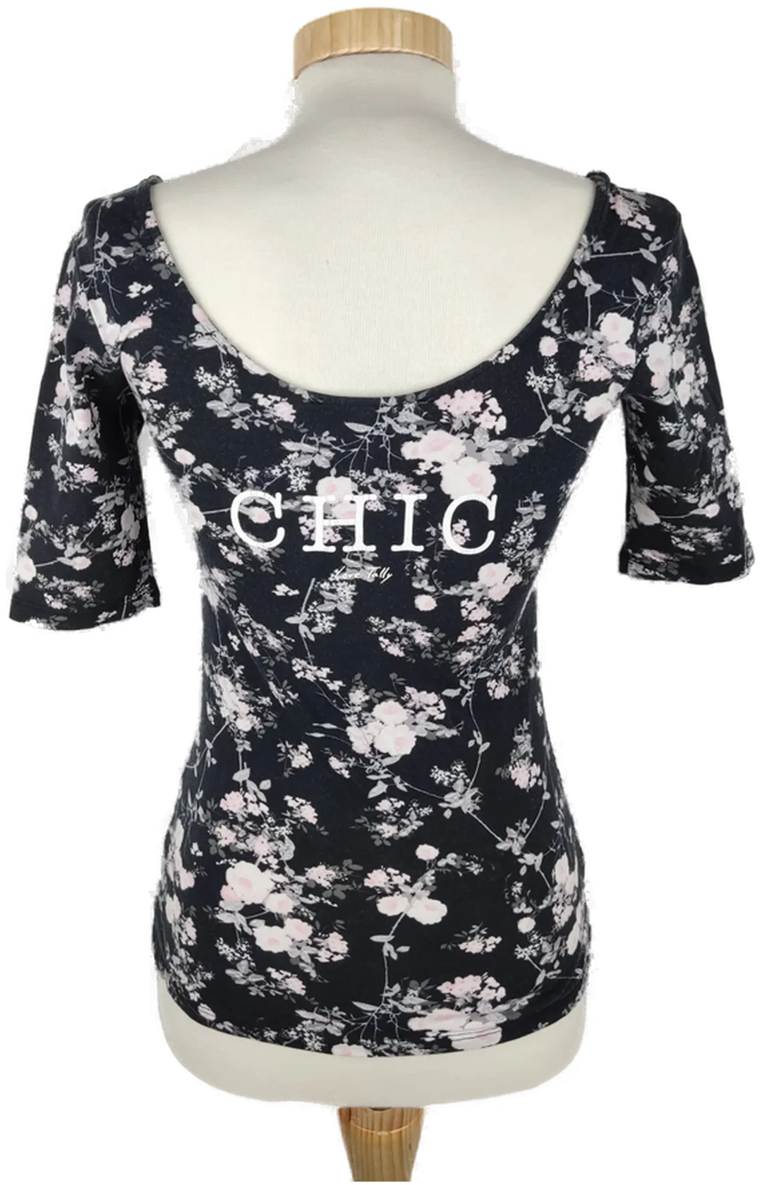 T-Shirt "Tally Weijl", dreiviertelarm mit Rundhalsausschnitt, schwarz mit rose/weiß/grauen Blüten, Größe XS – Bild 3
