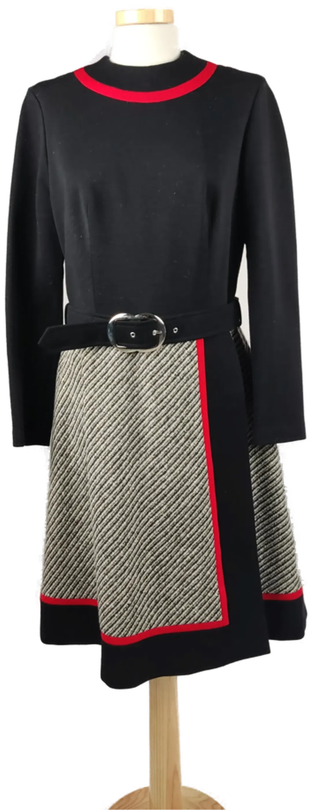 Vintage-Winterkleid mit Gürtel schwarz-rot-grau - L/40 - Bild 1